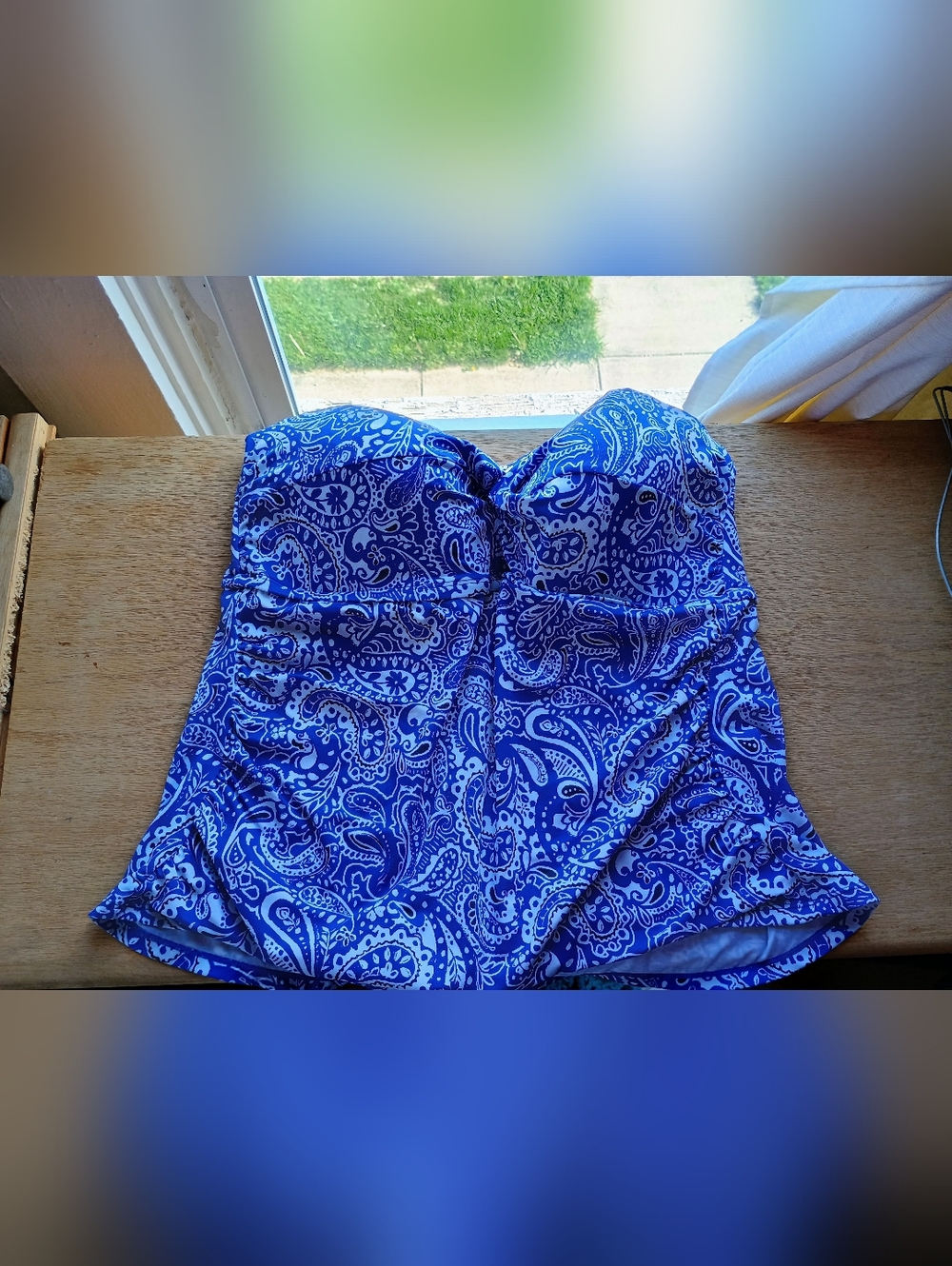 Liz Clairborne Blue Paisley Print Ruched Tankini Swim Top